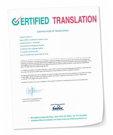 Certified Translation certificate